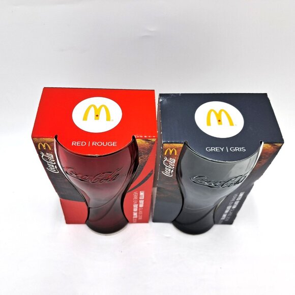 Coca-Cola Red and Gray Glasses 2018 McDonald's Exclusive- Raised Lettering NIB - Picture 2 of 6